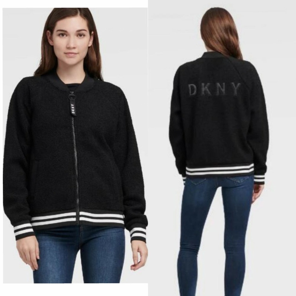 DKNY Sport Full Zip Fleece Bomber Jacket Black White Stripes